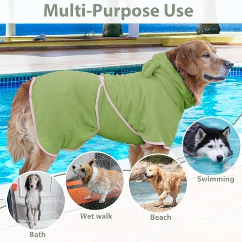 Dog Bathrobe Super Absorbent Towel Robe - Microfiber Bath Towels Fast Drying Coat for Dogs, Cute Dogs Clothes Adjustable Collar & Belly Strap Warm Keeping Hooded Dog Towel (Olive Green, XX-Large)