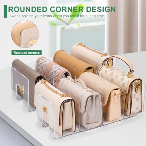 2 Pack Acrylic Purse Organizer for Closet, 8-Slot Bag & Purse Organizer, No Assembly, Clear Handbag Storage Shelf.for Shelf Divider Handbags, Clothes, Sweater