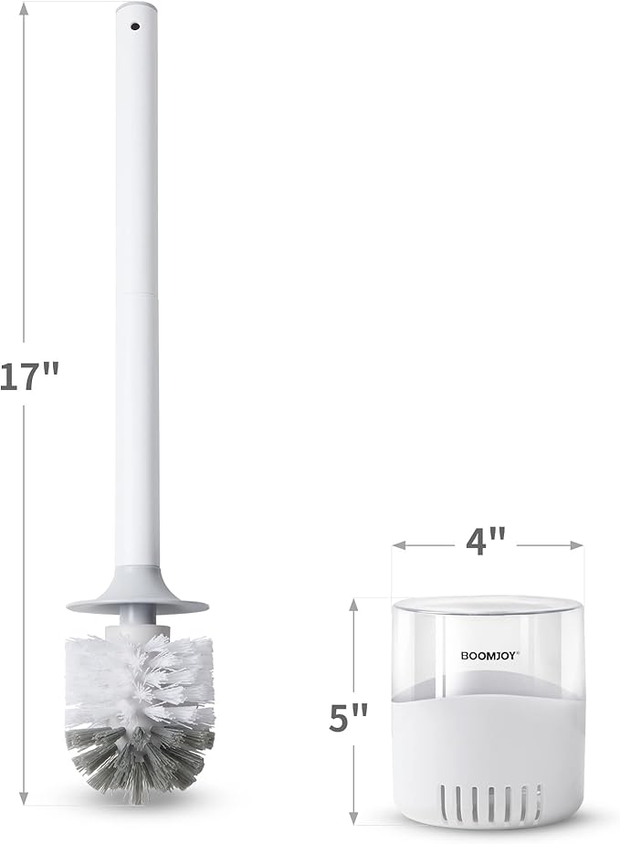 BOOMJOY Toilet Bowl Brush and Holder - Durable Head Toilet Cleaner Brush with Dense Bristles & Clear Base for Bathroom Deep Cleaning - Household Cleaning Accessories - White