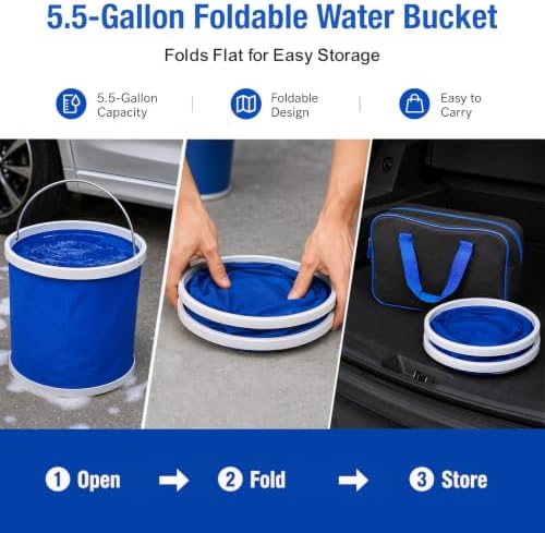 12 PCS Car Wash Kit, Car Cleaning Kit with 5.5 Gal Collapsible Bucket, 500 GSM XXL Drying Towel, Soft Felt Brushes and Storage Bag, Car Detailing Kit for Interior and Exterior Cleaning