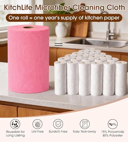 Microfiber Cleaning Cloth Roll, 100 Pack - Tear-Away Microfiber Paper Towels, Lint-Free, Reusable, Washable for Kitchen, Car, Dishes, and Sensitive Surfaces (Pink)