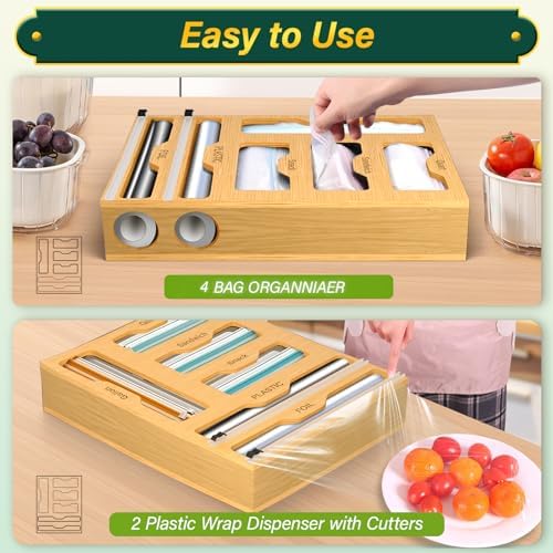 Bag Organizer and Plastic Wrap Dispenser with Cutter, 6 In 1 Bamboo Foil and Plastic Wrap Organizer for Kitchen Drawer, Food Storage Bag Organizer for Gallon,Quart,Sandwich,Snack(Yellow)