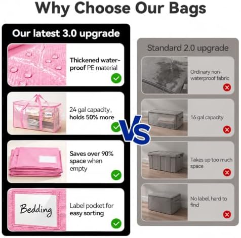 8 Pack 24 Gal Heavy Duty Moving Bags, Extra Large Storage Totes Zipper, Reinforced Handles, Label Window, Pink, Reusable Tote (Pink, 8 Pack)