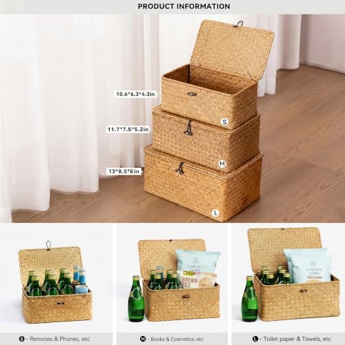 Wicker Storage Basket with Lid,Seagrass Shelf Basket Set of 3,Natural