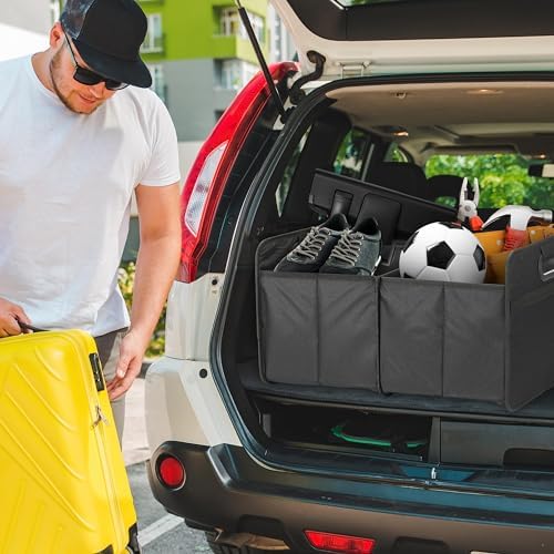 Car Trunk Organizer, 2 Compartments Collapsible Trunk Storage, Anti-slip Design, Made of Waterproof 600D Oxford Polyester, Suitable for SUV, Minivan, Truck, Standard Size, Black