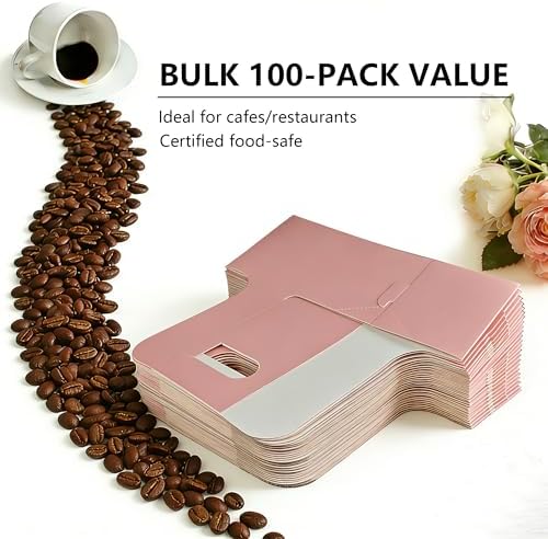 100 Pack Pink 2 Cup Drink Carrier with Handle, Disposable Cardboard Coffee Cup Holder for Hot or Cold Drinks, Coffee Carrier with Ribbon & Card for Food Delivery, Takeout and Bouquet Arrangement