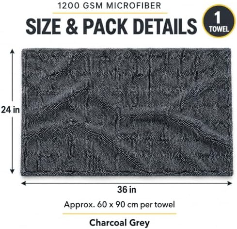 Car Drying Towel, 1200 GSM Absorbent Microfiber, 24 x 36 in, Plush Auto Detailing Cloth for Cars, SUVs and Trucks, Charcoal Grey, 1 Pack