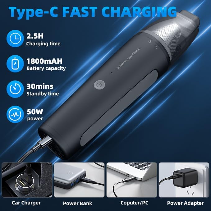 PATO Cordless Handheld Vacuum Cleaner, Mini Car Vacuum with PowerfulSuction, 1800mAh high-CapacitybatteryPortable Dust Collector Matte Black.
