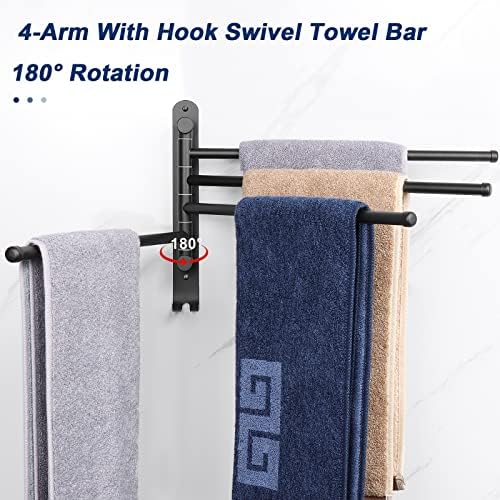 Swivel Towel Rack, 13.8" Thicken 304 Stainless Steel 4-Arm Towel Bar, Space Saving Wall Mounted Towel Holder with Hook, Rustproof Swing Out Towel Hanger for Bathroom, Kitchen (Matte Black)