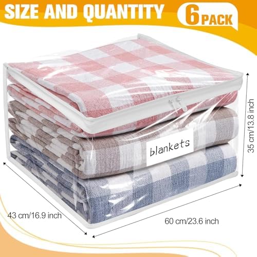 Plastic Storage Bags with Easy-Glide Zipper, Pack of 6, Durable Clear Vinyl Zippered Storage Bags for Clothes Sweaters Comforters Blankets Sheets Bedding (23.6 x 16.9 x 13.8 Inch, Transparent White)