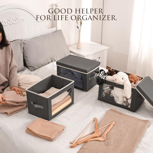 Storage Bins with Lids - Fabric Storage Boxes with Window, Collapsible Closet Organizers with Handles, 3 Pack Decorative Bin, Home Cubes Baskets for Clothes, Hat, Books, Dark Grey