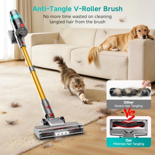 Cordless Vacuum Cleaner, 45KPa Powerful Stick Vacuum with Anti-Tangle Brush