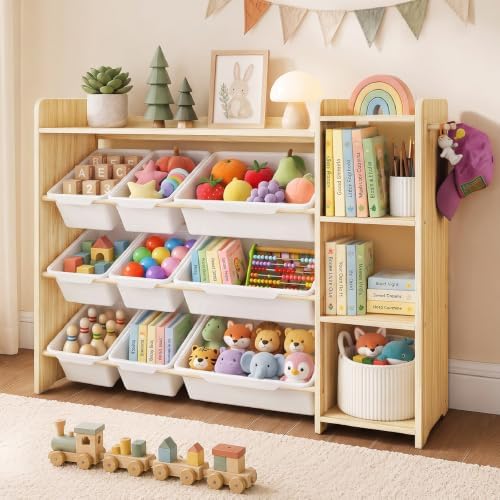 Kids Toy Storage Organizer, Wooden Shelf with 3 Tiers and 9 Storage Bins, Nursery Room Organizer for Books and Toys, White and Natural Wood