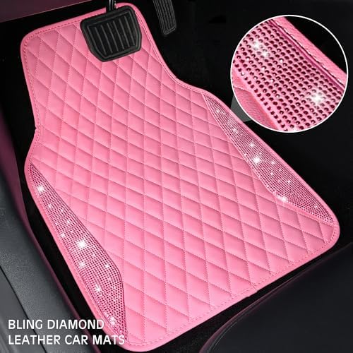 Bling Leather Car Mats Shining Diamond Floor Mats Crystal Rhinestones Sparkly Glitter Carpet Anti-Slip Waterproof Pad Universal Fit for Automotive SUV, Sedan, Van, 5pcs for Girl Women Pink