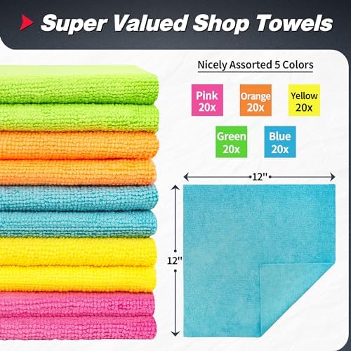 Microfiber Cleaning Cloth, 100 Pack Shop Towels, Micro Fiber Cloth for Cleaning Car, All-Purpose Absorbent Cleaning Rags for Housekeeping, Dust Cloth for Office, Car Wash Towels, 12inx12in