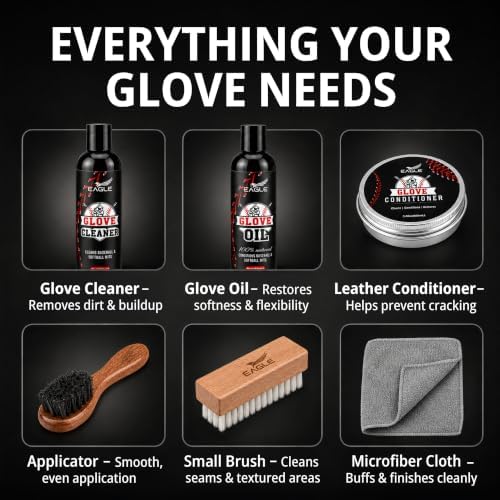 Baseball Glove Care Kit – Glove Cleaner (8oz), Oil (8oz), Conditioner (3.38oz), 2 Applicators & Cloth – Complete Leather Glove Maintenance Kit for Baseball, Softball, Catcher’s Mitts & More