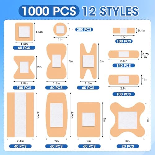 1000 Counts Assorted Bandages Bulk Variety Pack 12 Styles Waterproof