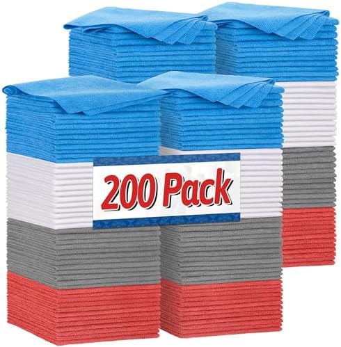 Shop Towels, Microfiber Cleaning Cloth Bulk, 200 Pack Microfiber Towels for Cars, All-Purpose Absorbent Cleaning Rags, Dust Cloth for Automotive, Mechanic, Garage, Bar, 11.5 x 11.5 inch