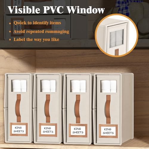 4 Pack Foldable Bed Sheets Set Organizers and Storage(King & Queen Size),Linen Fabric Closet Organizers with Window,Folding Bedding Storage Box for Bedsheets and Pillow Cube Organizer-Beige