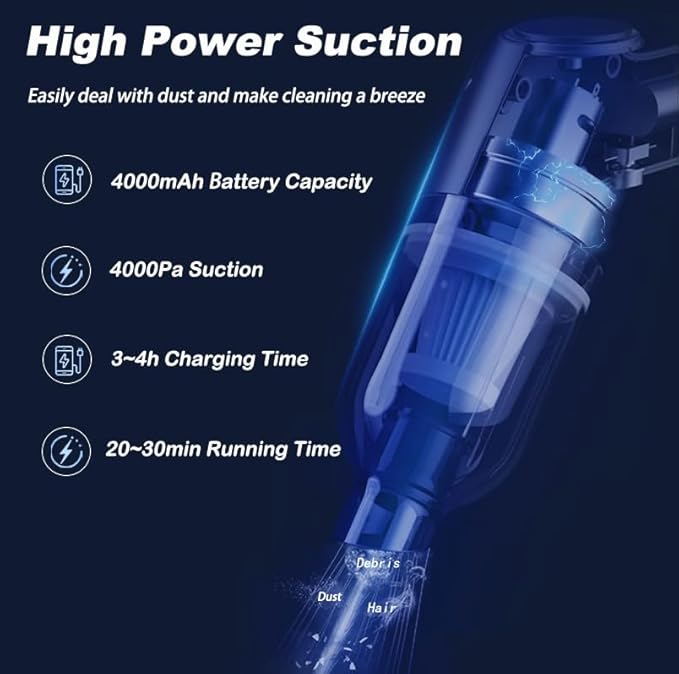 Handheld Car Vacuum Portable Cordless, 4 in 1 Mini Vacuum Cleaner High Power, 4000Pa Suction, Air Duster, 4000mAh, Multi-Nozzles for Car, Home, Office & Pet Cleaning