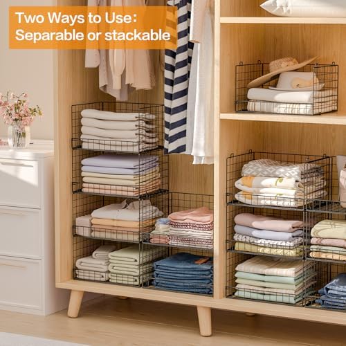 6-Tier Stackable Closet Organizers and Storage Shelves, Closet Shelf Organizer Basket Bins, Foldable Sweater Storage for Clothes Organizer System, Black（Patent No. 30022416）
