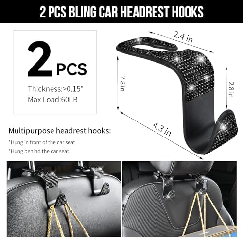 23 PCS Bling Diamond Car Accessories Set for Women, Leather Seat Covers Full Set Floor Mats Steering Wheel Cover, Coasters Seat Belt Covers Phone Holder Universal Fit Car SUV Truck Van Black