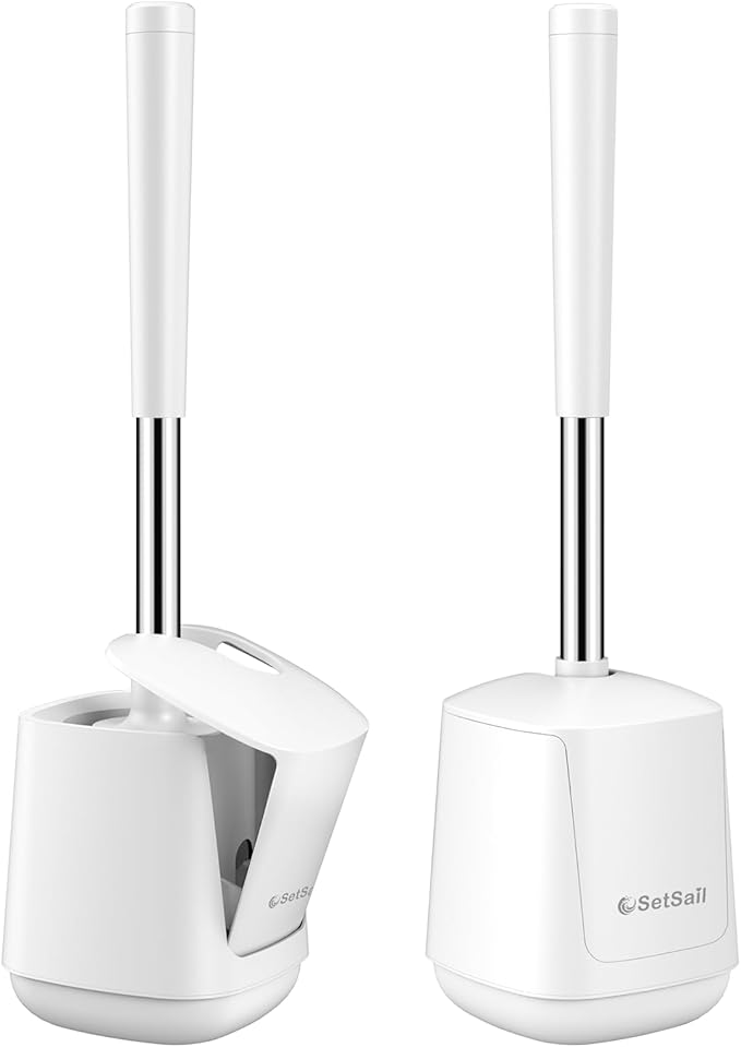 SetSail Toilet Brush 2 Pack, Self Closing Lid Toilet Bowl Brushes Holder and Extra Long Handle Ventilated Toilet Brush Set for Bathroom Cleaning, Nylon Bristles, Pure White