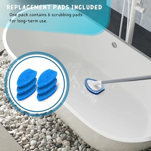 Shower Scrubber, Bathroom Tub and Tile Cleaner Brush with Long Handle, 47'' Bathtub Cleaning Tool with 6 Refill Pads