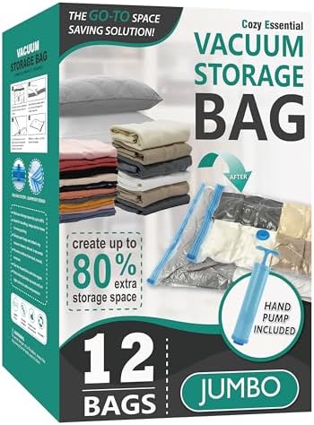 12 Jumbo Vacuum Storage Bags for Blankets & Bedding, Space Saver Bags