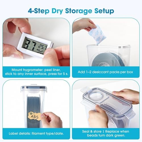 Filament Storage Box - 4 Pack 4L 3D Printer Filament Containers with 4 Hygrometers, Airtight Dry Boxes for Sealing and Protection, Water-Proof & Dust-Proof, Reusable Desiccant, Tube Cutter