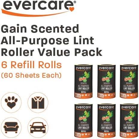 Evercare Pack of 6 Gain Scented All-Purpose Lint Roller Refill Rolls, 60 Sheets Each
