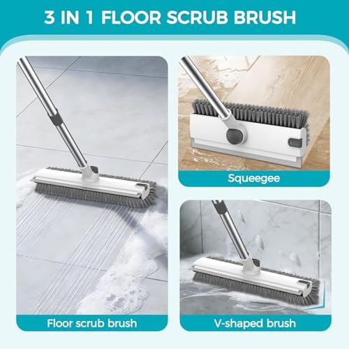Floor Scrub Brush with 54in Adjustable Long Handle, Grey&White