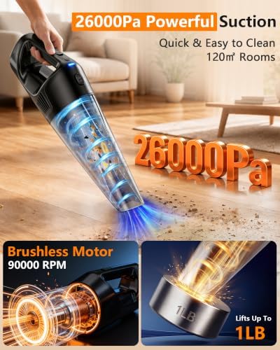 26000Pa Powerful Handheld Vacuum Cordless: 15-Min Quick Cleaning 120㎡ Rooms