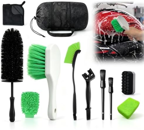 Motorcycle Cleaning Kit - 11 Pc Professional Motorcycle Detailing & Wash Kit for Harley Davidson, Dirt Bike & Street Bikes, Complete Care Set with 3-Sided Chain Brush, Wheel Rim Brush & Storage Bag