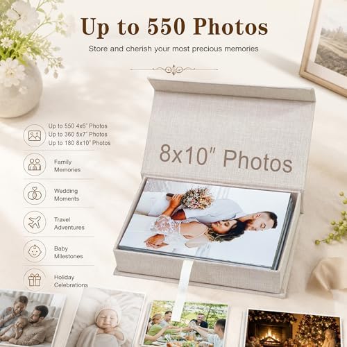 Photo Storage Box for 8x10 Photos, Acid-Free Organizer Box with Lid, Beige