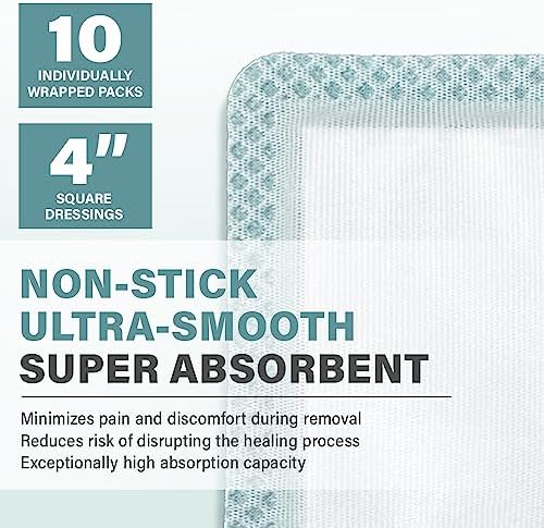 Super Absorbent Dressing for Wound Care | Nonstick Soft Surgical Gauze Pad for Heavily Exuding Wounds | Large Sterile Non-Adhesive Bandage for Fast Healing Wound Care | Pack of 10 (4" x 4")