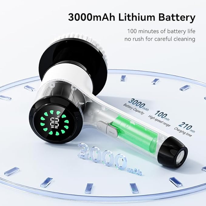 Electric Spin Scrubber, Cordless Power Cleaning Brush with 8 Replaceable Heads, 2 Adjustable Speeds, LED Display & Long Handle, Ideal for Bathroom Tub Tile Floor Car Cleaning
