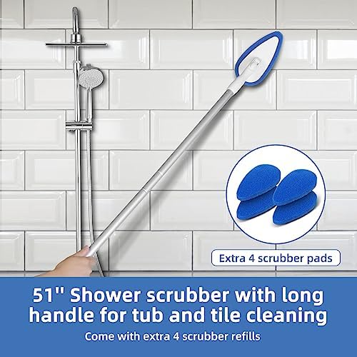 Shower Bathtub Tub Tile Scrubber Cleaning Brush with 51'' Handle, 5 Non-Scratch Scouring Pads, Adjustable Long Handled Scrub Brush for Cleaning Shower Bathroom Vessel Sinks Toilet Wall Floor
