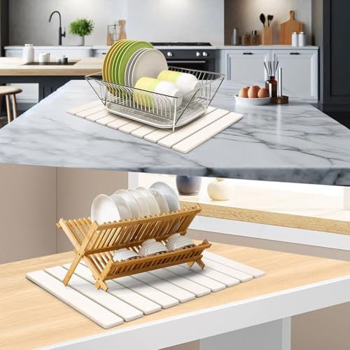 Large Stone Dish Drying Mat for Kitchen Counter – 24"(L)×16 "(W) Foldable Super Absorbent Diatomaceous Earth Stone Dish/Bath Mat, Kitchen Counter Mat for Plate Rack, Cup, Match Any Countertop - White