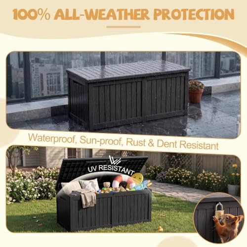Outdoor Storage Box Waterproof, 370 Gal Gen 2 Resin Deck Box Gas Struts