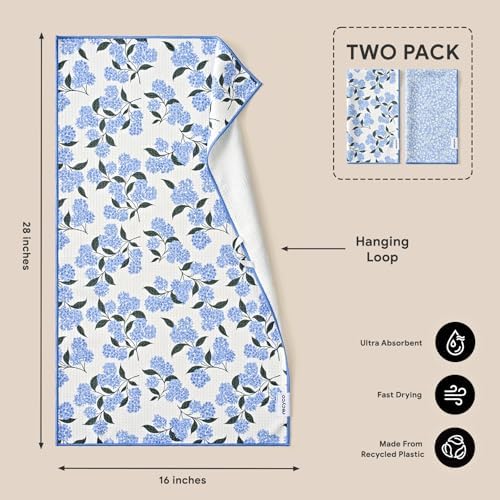 Waffle Kitchen Towel Set of 2 - Quick Dry Microfiber Sustainable Dish Towels - Ultra Absorbent Reusable Cleaning Tea Towels - Lightweight Hand Towels,16”x 28”, Hydrangea Ball
