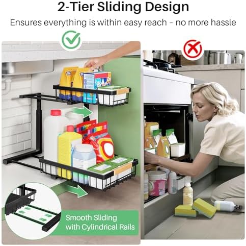 Under Sink Organizer, Thickened L-Shaped 2 Tier Pull Out Cabinet Storage