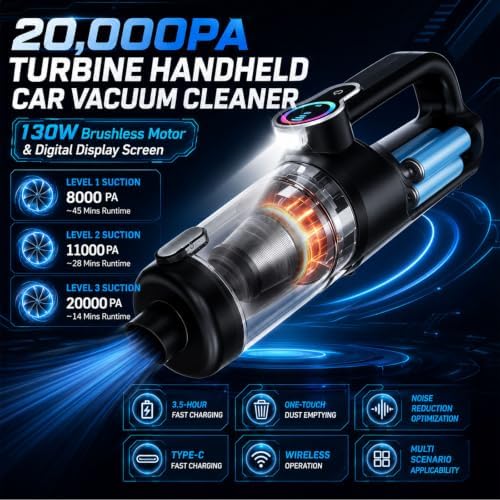 Car Vacuum Portable Cordless, 20000Pa Handheld Vacuum Cordless & Air Duster