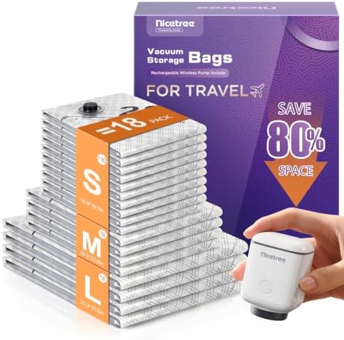 18-Pack Travel Vacuum Bags with Rechargeable Cordless Pump