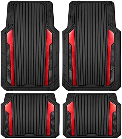 Heavy Duty Rubber Car Mats Metallic, Aluminum Film All Weather Floor Mats Waterproof Universal Trim to Fit Automotive SUV Sedan Van 4 Piece Anodized Deep Dish Two-Tone Sporty Black Red Chrome