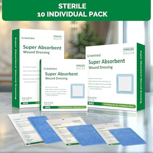 Super Absorbent Wound Dressing Pads Size 6"x 6" 10 Individual Pack Soft Highly Absorbent Dressing Non Stick Gauze Pads for Heavily Exuding Wound Care Reduce Leakage and Skin Maceration