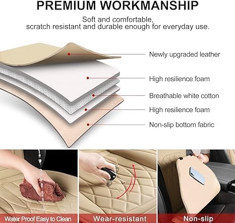 Front Car Seat Covers - Leather Seat Covers with Storage Pocket and Two Belt Pads, Anti-Slip Waterproof Universal Seat Covers for Cars Fit Cars Trucks SUV(Beige,2 Pack)
