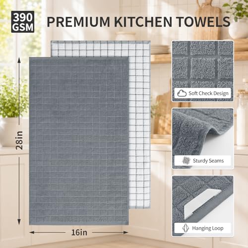 Premium 100% Cotton Terry Kitchen Towels 6 Pack, 16"x 28", Grey