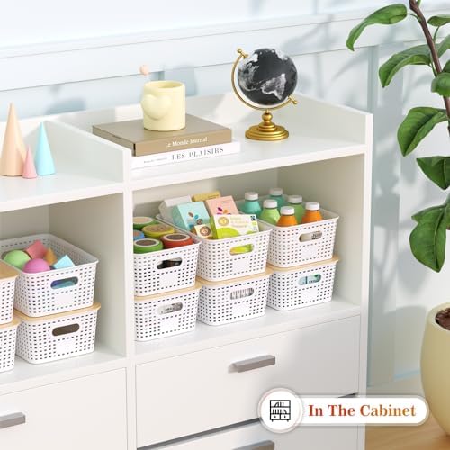 6 Pack Plastic Storage Baskets with Bamboo Lids for Organization