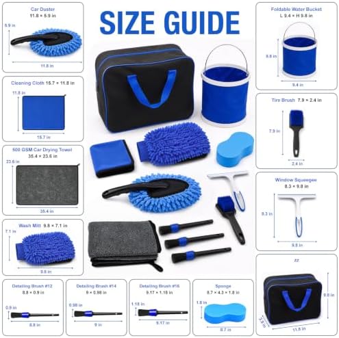 12 PCS Car Wash Kit, Car Cleaning Kit with 5.5 Gal Collapsible Bucket, 500 GSM XXL Drying Towel, Soft Felt Brushes and Storage Bag, Car Detailing Kit for Interior and Exterior Cleaning